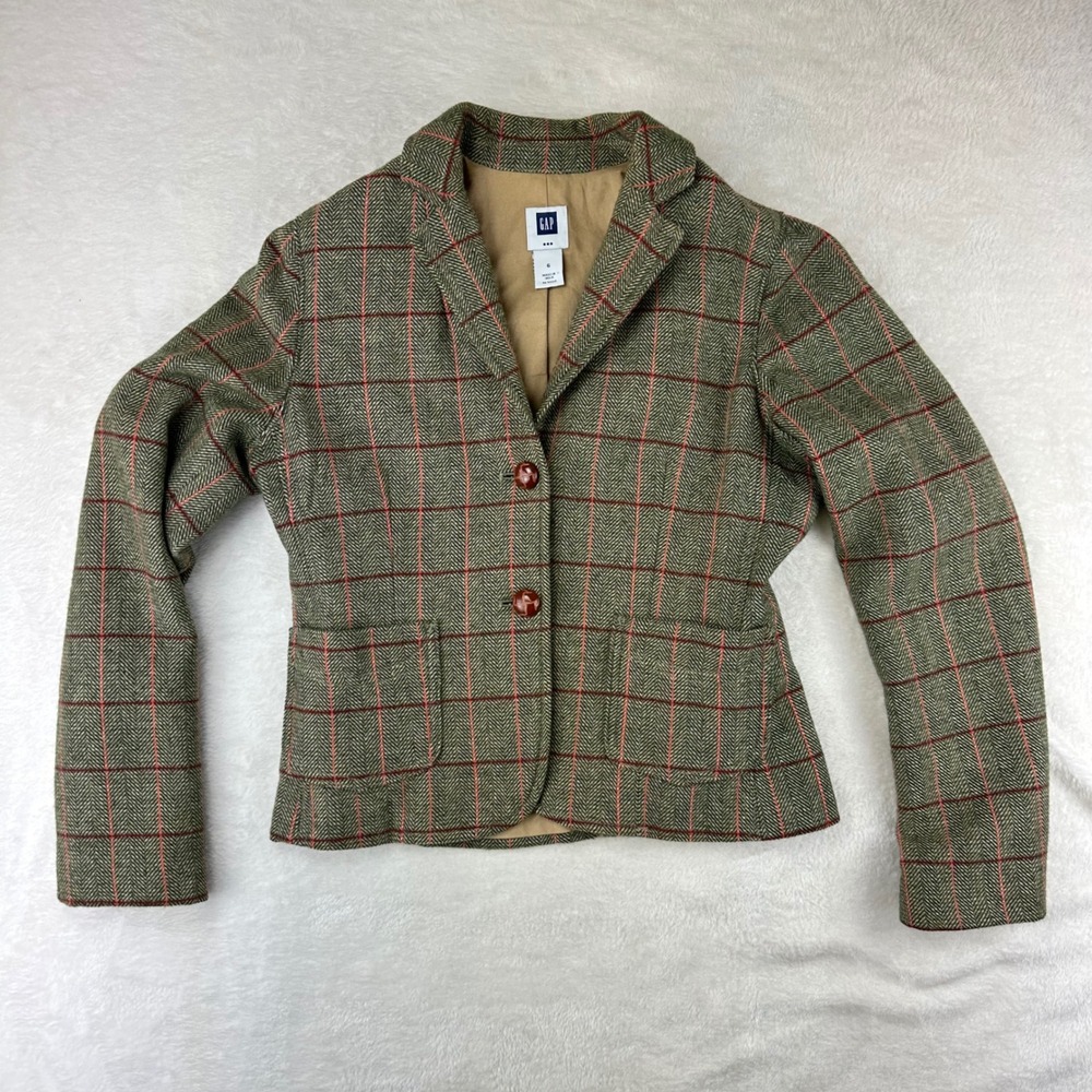 Gap Blazer Womens Plaid Herringbone 6 Green Red Wool Blend Preppy Academic VTG